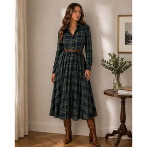 Oyrosy NWT Green Plaid Shirt Dress XS Maxi Button Front Long Sleeve Belt Loops